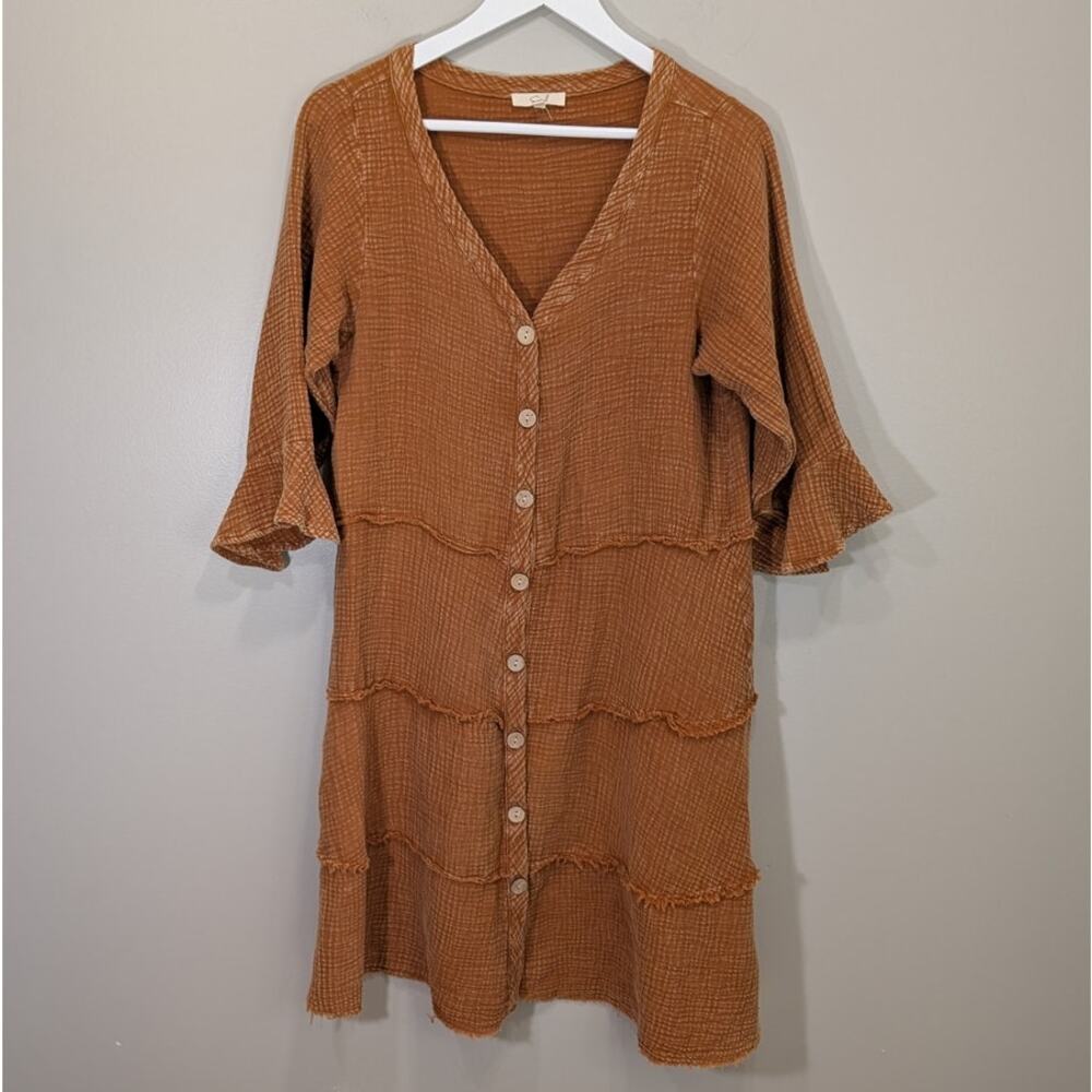 Easel Rust Orange Crinkle Gauze Tiered Button Front Boho Midi Dress Cardigan - S
